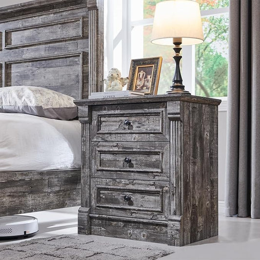 26" Tall Farmhouse Nightstand, 3 Drawers End Table w/Charging Station, 23.6" Wide Large Side Table w/Roman Column, Wood Rustic Sofa Table for Bedroom, Light Gray-CasaMuseHome