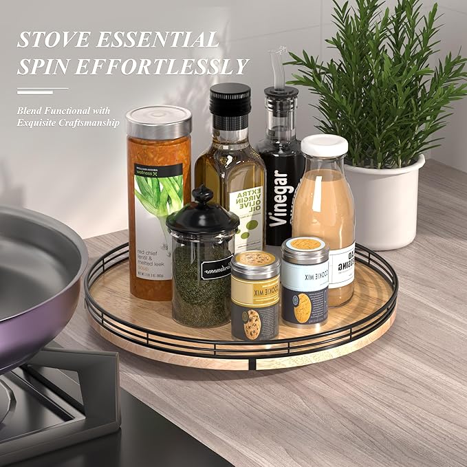 13" Lazy Susan Oak Wood Turntable Organizer for Cabinet, Farmhouse Round Wooden Lazy Susan Organization and Storage for Dining Table, Pantry, Kitchen, Bathroom, Countertop, Cupboard, Home Decor-CasaMuseHome