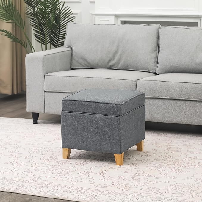 Adeco 17.5" Square Fabric Ottoman with Storage, Upholstered Cotton Linen Foot Rest, Flip Top Footstool, Small Cube Coffee Table Extra Seat for Living Room, Bedroom, Grey with Burlywood Legs-CasaMuseHome