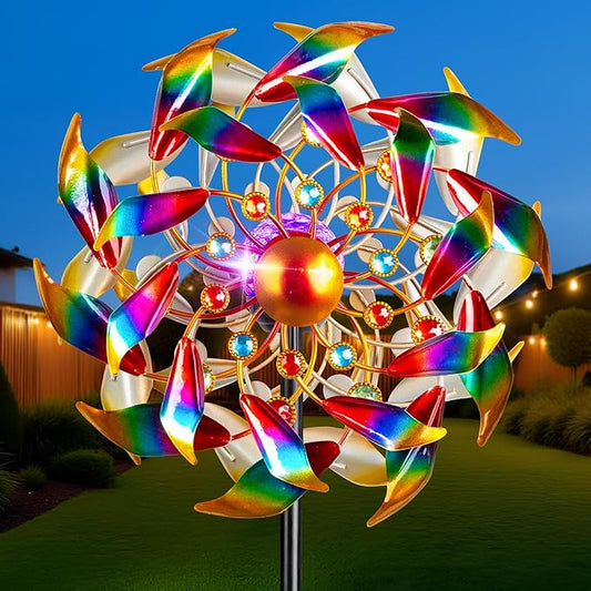 54'' Wind Spinners Outdoor Solar Garden Decor Light - Unique Gemstone Colorful Windmill, Durable Waterproof Design for Garden, Lawn, Patio-CasaMuseHome