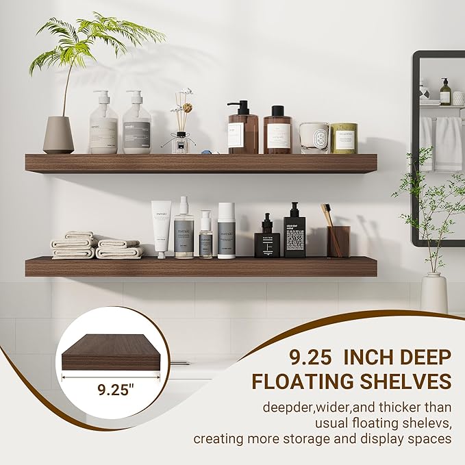 36 Inch Floating Shelves, 36"x9.25"x1.5" Inch Deep Floating Shelves for Wall, Wooden Shelves for Bathroom, Bedroom, Living Room, Walnut-CasaMuseHome