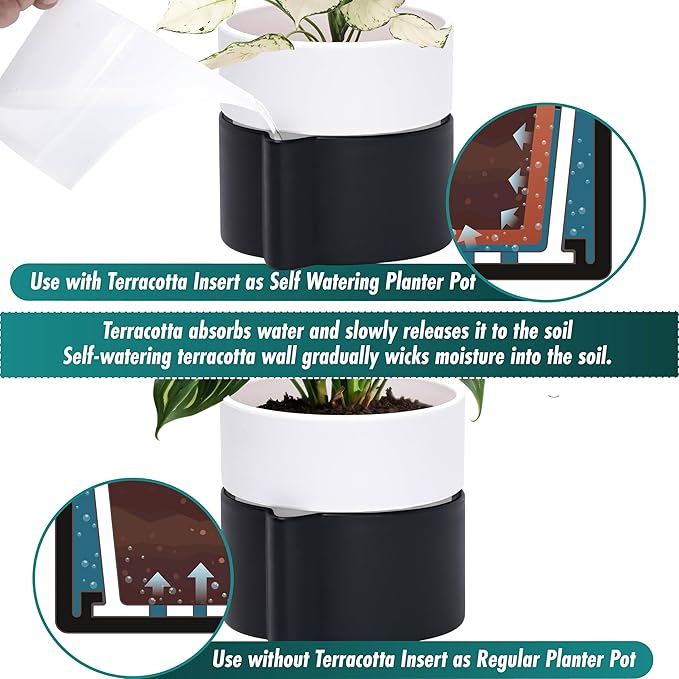 8 Inch Self-Watering Planter Pot with Terracotta Insert, Deep Water Reservoir, and Ceramic-Alike BPA-Free Plastic Planter Pot for Plant, Modern Planter for Houseplants, Black/White, 53-C-T-7-CasaMuseHome