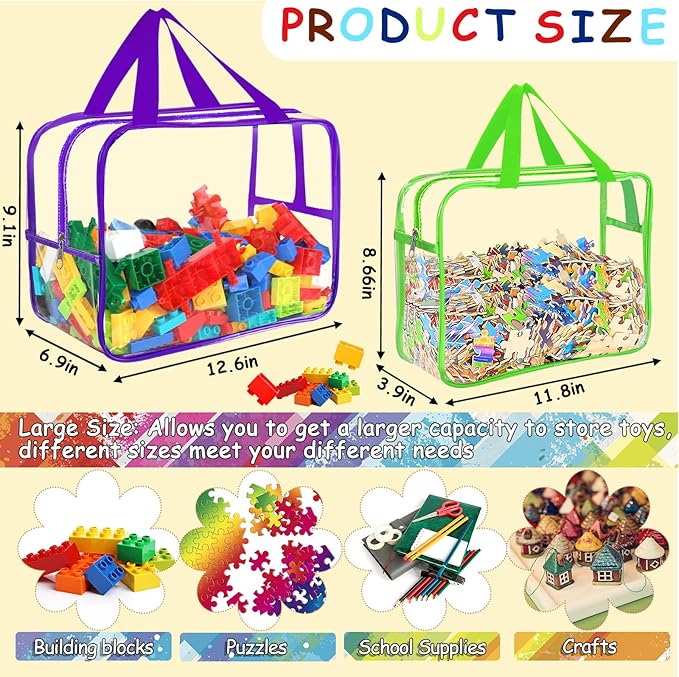 6 Colors Large Toy Storage Bags with Labels, Reusable Clear PVC Board Game Storage, Travel Waterproof Organizer Bags with Zipper for Building Blocks, Puzzle, Kids Books(3 large & 3 Widen X-Large)-CasaMuseHome
