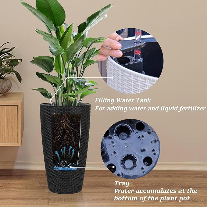2Pack 22" High Modern Plant Pots Planter-Self-Watering Indoor/Outdoor Planting with Drain Holes, Water Level Monitor, Inner Bucket for Front Porch Patio, Black Rattan Conical-CasaMuseHome