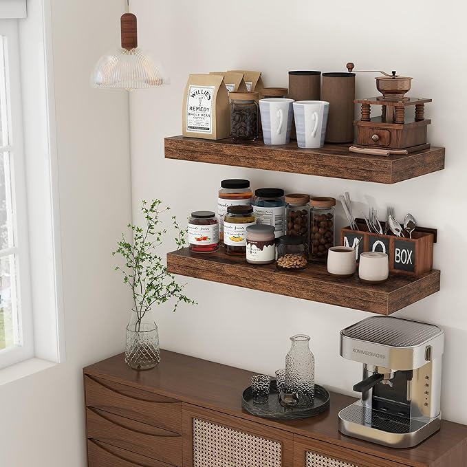 12 Inch Deep Floating Shelves for Wall | 30 Inch Floating Shelves Set of 2 | Rustic Wood Shelves for Living Room Bathroom Laundry Room Bedroom Kitchen Home Office - Rustic Brown-CasaMuseHome