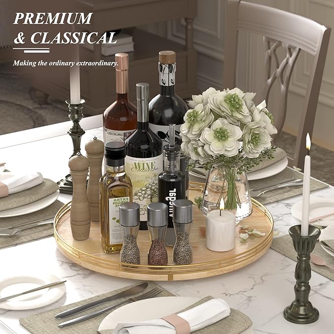 18 Inch Rustic Lazy Susan Turntable – Solid Oak & Iron Wood Rotating Tray for Dining Table, Kitchen Counter, Coffee Table – Farmhouse Style Large Wooden Lazy Susan Organizer for Home Décor-CasaMuseHome