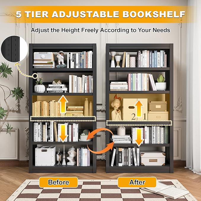 5 Tier Adjustable Black Bookcase, Metal Small Bookshelves and Bookcases, 61" H Display Modern Bookshelf for Living Rooms, Bedrooms, Home Offices, 10 Minutes Assemble-CasaMuseHome