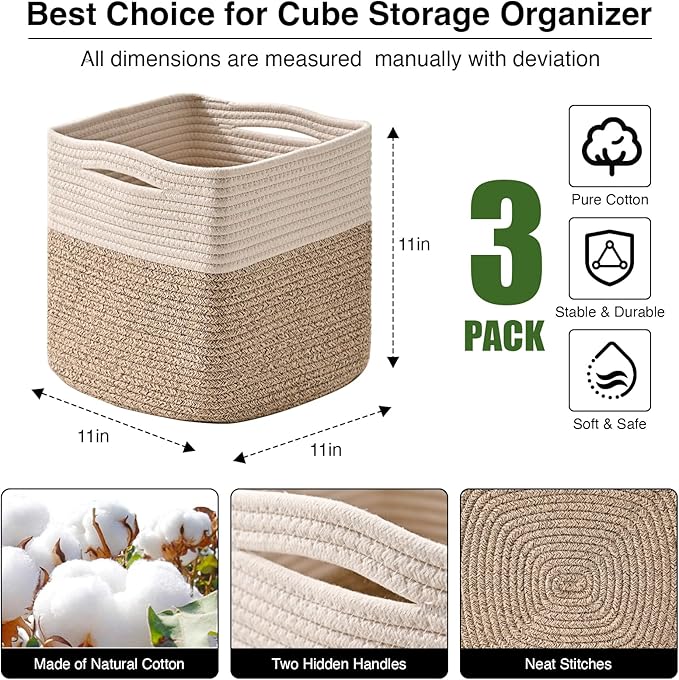 11 Inch Cube Storage Bins, Organizer Woven Cotton Rope Square Baskets for Organizing Shelves, Toys, Nursery, Off White & Brown (Pack of 3)-CasaMuseHome
