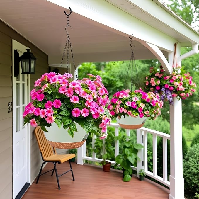 2 Pack 12 Inch Large Hanging Planters with Chains Self Watering Green Brown Plastic Hanging Pots for Indoor Outdoor Plants, Garden Porch Home Decor，Green Brown-CasaMuseHome