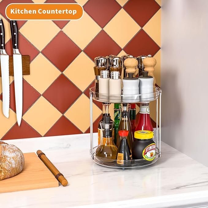 2 Tier Lazy Susan Turntable for Cabinet,Countertop,Pantry,9.5"W Spinning Seasoning Organizer,Double Rotating Kitchen Spice Rack Organizer and Condiments,Medicine,Vitamin Bottle Organizer Carousels,1Pc-CasaMuseHome