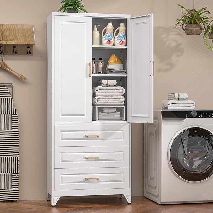 75" Kitchen Pantry Cabinet, Metal Storage Cabinets with Doors and Adjustable Shelves, White Tall Pantry Cabinet with 3 Drawers for Dinning Living Room-CasaMuseHome