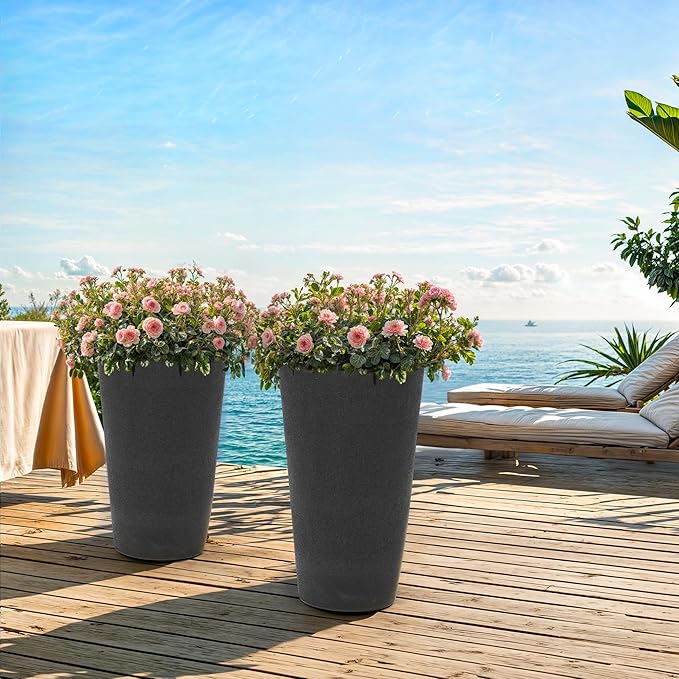 24" Tall Planters for Outdoor Plants, Set of 2 Heavy-Duty Resin Flower Pots, Matte Black Leather Grain Finish, Durable & Weather-Resistant, Ideal for Garden, Patio, Yard, Porch, or Home Use-CasaMuseHome