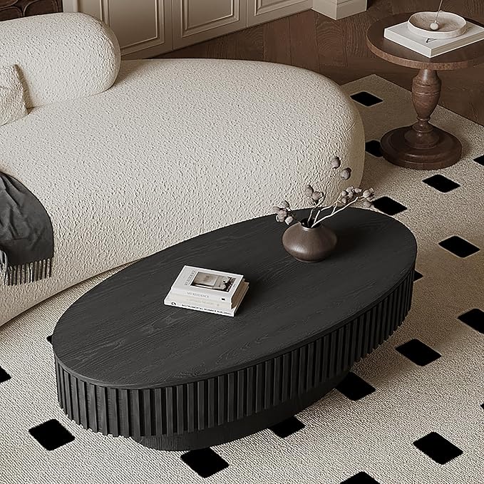 47.2''Oval Coffee Table with Storage, Mid Century Modern Fluted Drum Center Tables with Lid, Solid Wood Side Pedestal Coffee Table Tea Table for Living Room, Bedroom, Apartment-Black-CasaMuseHome