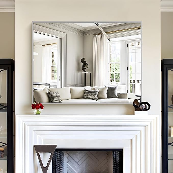 30x40In Silver Bathroom Mirror for Wall, Brushed Nickel Rectangle Mirrors with Metal Frame, Bathroom Rectangular Mirror Modern Wall Mirror for Bedroom Living Room, Hangs Horizontal or Vertical-CasaMuseHome
