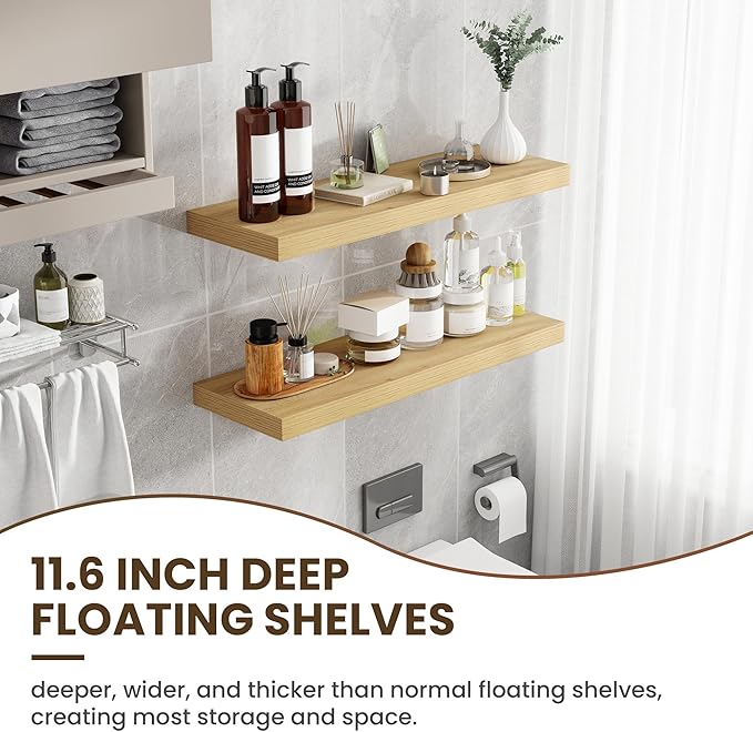 36 Inch Floating Shelves, 11.6 Inch Deep Floating Shelves for Wall, Floating Shelf with Invisible Brackets, Deep Shelves for Bathroom, Bedroom, Living Room, 2 Pack, Natural-CasaMuseHome
