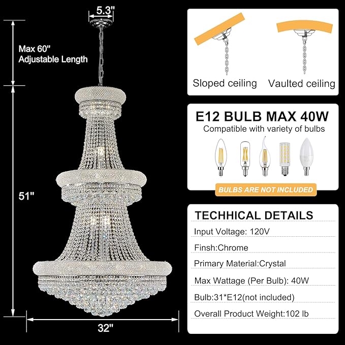 31 - Light Large Empire Crystal Chandelier for High Ceiling Foyer Entryway Staircase Living Room Dining Room Chrome Finish-CasaMuseHome