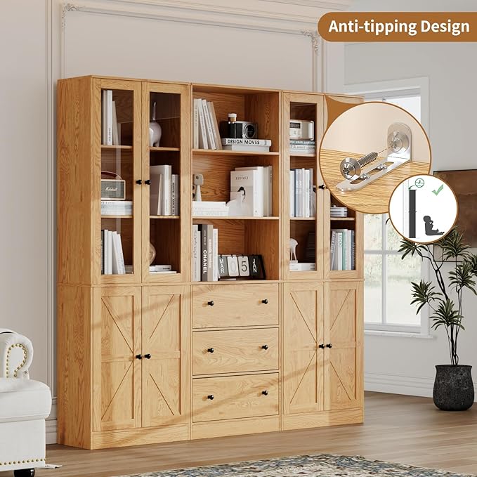 71" Tall Bookshelves Set of 3, 1 Bookcase with Drawers & 2 Bookshelves with Doors, Wooden Floor Standing Display Storage Shelves for Home Office, Living Room-CasaMuseHome