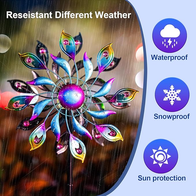 360°Peacock Solar Wind Spinner with Lights Blue Metal Garden Outdoor Decor Yard Lawn Art Decor for Patio Kinetic Windmills Unique Gifts for Friends and Family 51.9' H x 12.2'' Dia-CasaMuseHome