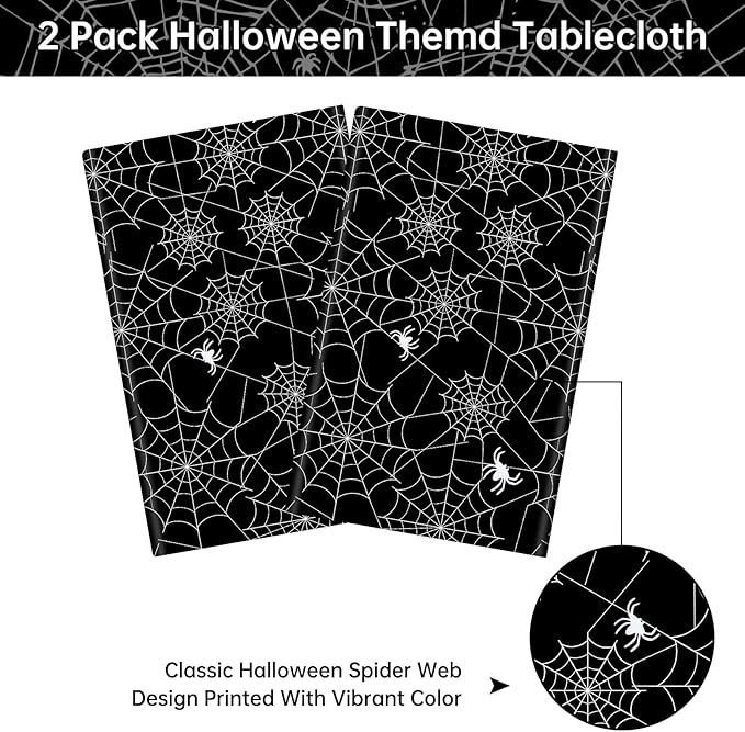 2 Pcs Halloween Tablecloth - Plastic Halloweens Spider Webs Table Cloth, Black Disposable Rectangle Spiderweb Table Cover for Halloween Party Decorations Supplies Favors Tables Decor, 108 x 54 Inch-CasaMuseHome