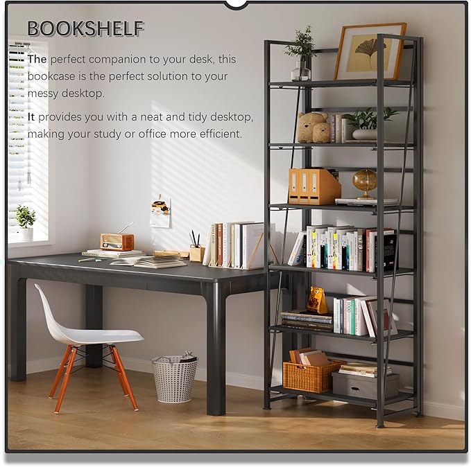 4NM No Assembly Foldable Bookshelf, 6-Shelf Collapsible Bookcase Storage for Small Spaces, 74" H, All Black-CasaMuseHome