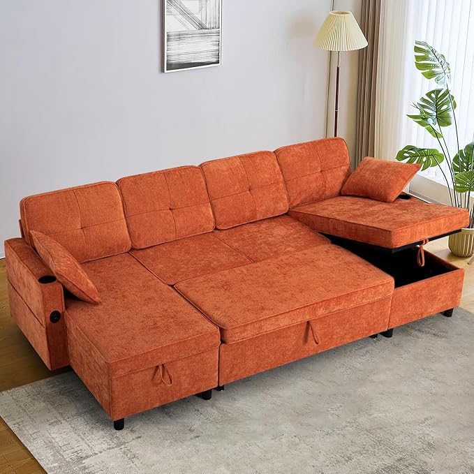 ACMEASE110“ Inches L-Shaped Pull Out Sofa Bed w/Storage Chaise & Adjustable Back, Chenille Sectional Sofa w/USB Port,Tufted Sleeper Couch w/Cup Holders for Living Room, Orange-CasaMuseHome