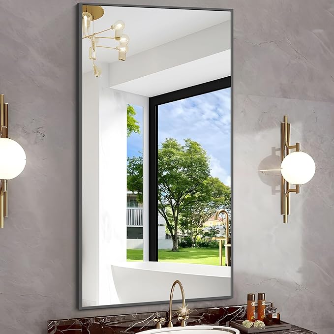 48x24In Black Bathroom Mirror for Wall, Rectangle Mirrors with Metal Frame, Bathroom Rectangular Mirror Modern Wall Mirror for Bedroom Living Room, Entryway Hangs Horizontal or Vertical-CasaMuseHome