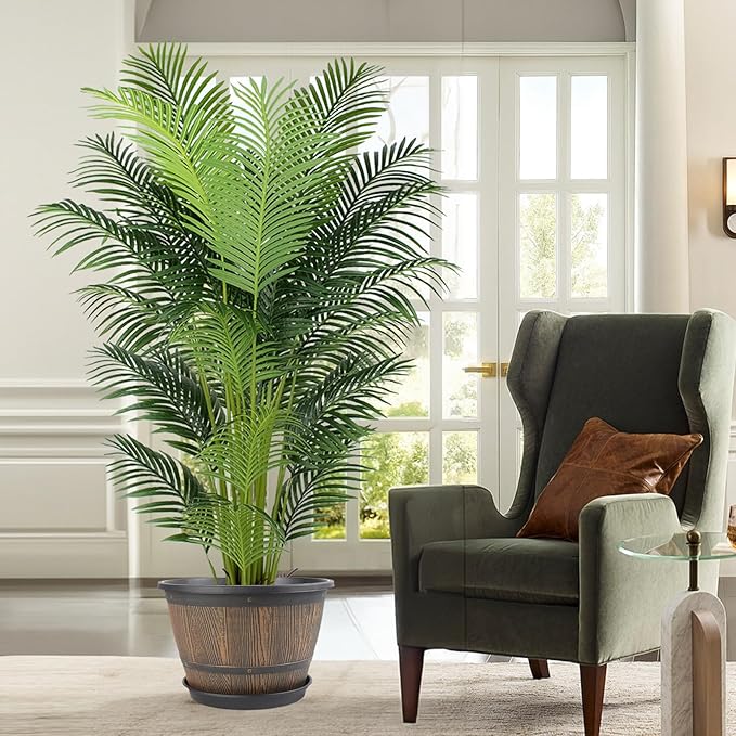 16-inch-Plant-Pots-Indoor-Outdoor, 4 Pack Large Whiskey Barrel Planters with Drainage Holes & Saucer, Plastic Flower Pots Imitation Wine Barrel Design, Decorative Garden Pots for Plants-CasaMuseHome