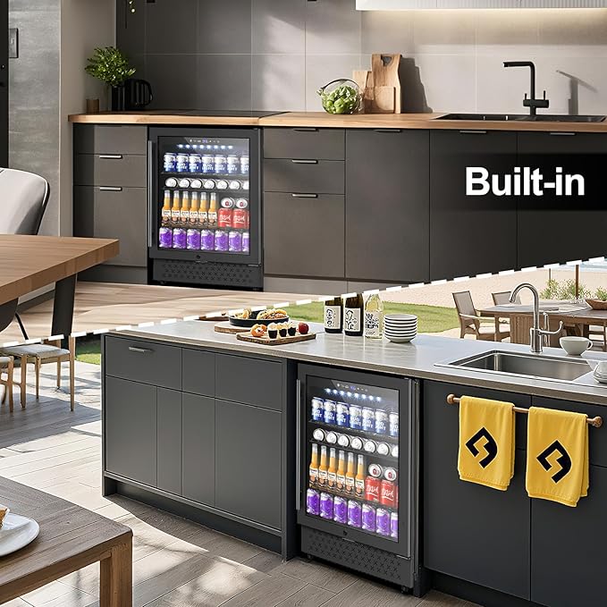 24 Inch Beverage Refrigerator, 5.2 Cu. Ft. Drink Refrigerator with Glass Door, 200 Cans Under Counter & Freestanding Drink Fridge, Reversible Door, Built-In Beverage Cooler for Kitchen, Bar or Office.-CasaMuseHome