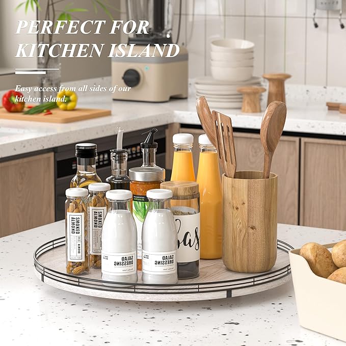 21" Lazy Susan Wood Turntable Organizer for Kitchen Decor, Farmhouse Round Wooden Lazy Susan Organization and Storage for Cabinet, Dining Table, Pantry, Bathroom, Countertop, Centerpiece, Home Decor-CasaMuseHome