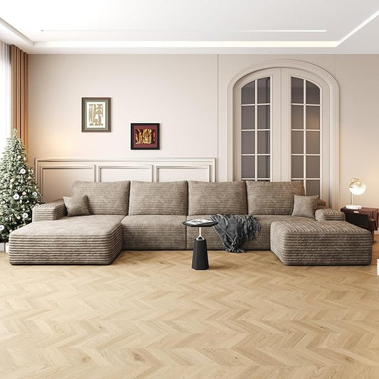 136" Sectional Couches for Living Room Modern Modular Sofa with L-Shape Couchs Upholstered Boneless Couch Deep Seat Sectional Couch with Chaise (Camel, Left Facing Chaise+3Seaters+Ottoman)-CasaMuseHome