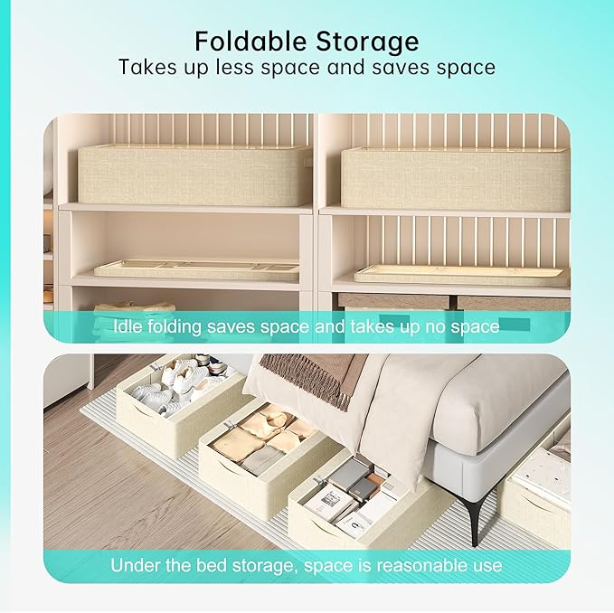 3PCS Under Bed Storage Bins with Metal Frame, Linen Fabric Frame Storage Box Clothes Organizer Bins, Underbed Container with Clear Window (Beige, 23.6 x 13 x 6IN)-CasaMuseHome