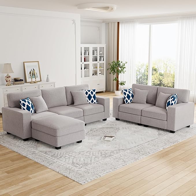 L Lengend Vansen Modular Sectional Sofa U Shaped Couch with Ottoman Modern Reversible Corner Sectional Couch for Living Room (Light Grey, 2+3 with Ottoman)-CasaMuseHome