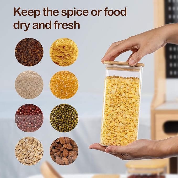 52oz Airtight Glass Square Storage Canister with Bamboo Lid Set of 3 (1550ml) Container Stackable Spice Jar, Kitchen Canister for Flour, Cookies, Cereal and Coffee beans (‎with Black Lable)-CasaMuseHome