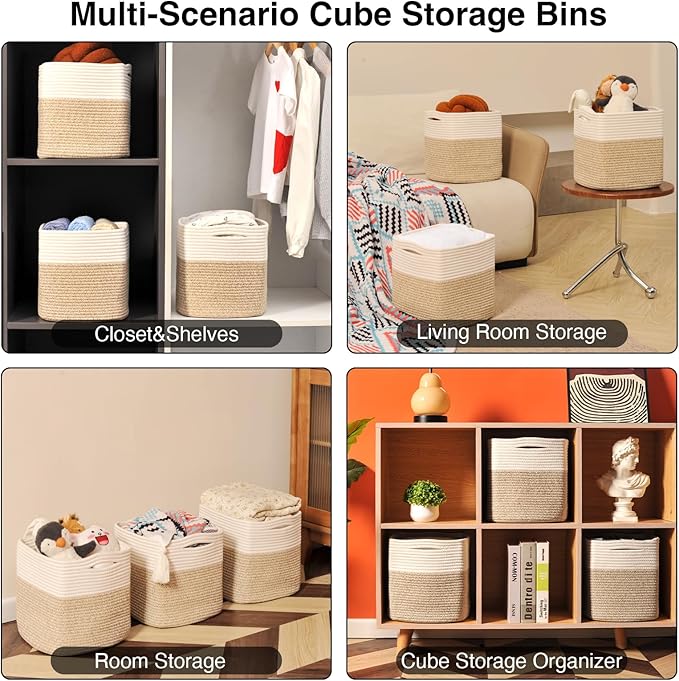 11 Inch Cube Storage Bins, Organizer Woven Cotton Rope Square Baskets for Organizing Shelves, Toys, Nursery, Off White & Brown (Pack of 3)-CasaMuseHome