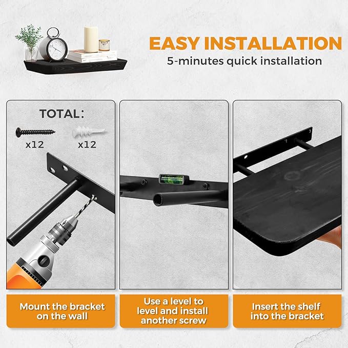 16"x6.8"x1.6" Slanted Floating Wall Shelves 2-Pack - Rustic Black Finish, Heavy-Duty Solid Wood Design with Hidden Brackets - Perfect for Living Room, Kitchen, Bathroom, or Office-CasaMuseHome