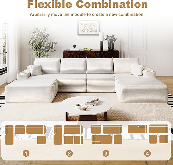 136" Sectional Couches for Living Room Modern Modular Sofa with L-Shape Couchs Upholstered Boneless Couch Deep Seat Sectional Couch with Chaise (White, Right Facing Chaise+3Seaters+Ottoman)-CasaMuseHome