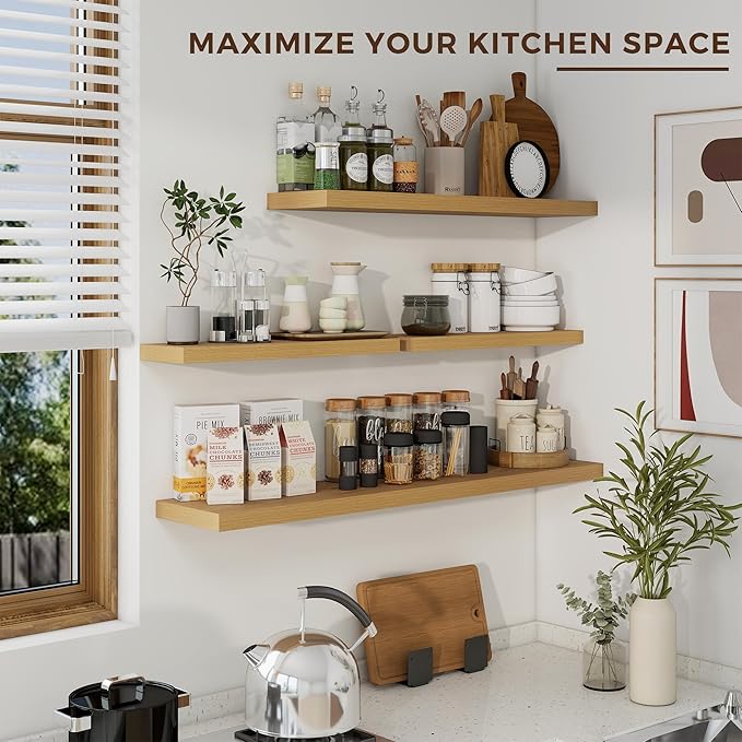 36 inch Floating Shelves Wall Shelves for Office with Invisible Brackets, 8 inch Deep Shelves for Bathroom, Living Room, Kitchen, Office, 36x7.9 inch deep Set of 2, Oak-CasaMuseHome