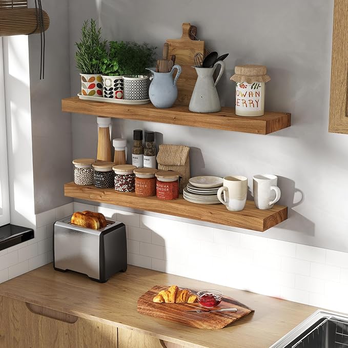 36 Inch Floating Shelves for Wall, Rustic Elm Wood Shelf for Home Decor, Heavy-Duty Wooden Floating Shelves for Kitchen, Wall Mounted Storage Shelves for Bathtoom, Living Room, Natural Color, Set of 2-CasaMuseHome