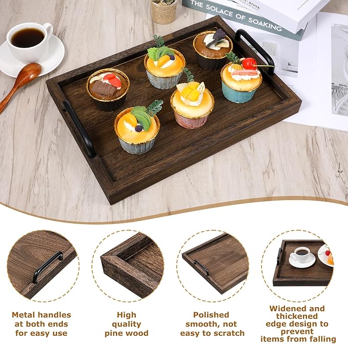 2 Pcs Rustic Wooden Serving Trays with Handle Decorative Nested Vintage Wood Serving Tray Stylish Farmhouse Decor Servings Platters for Eating, Breakfast(Large 15.8x11.8x1.2 in, Small 13.4x9.4x1.2 in)-CasaMuseHome