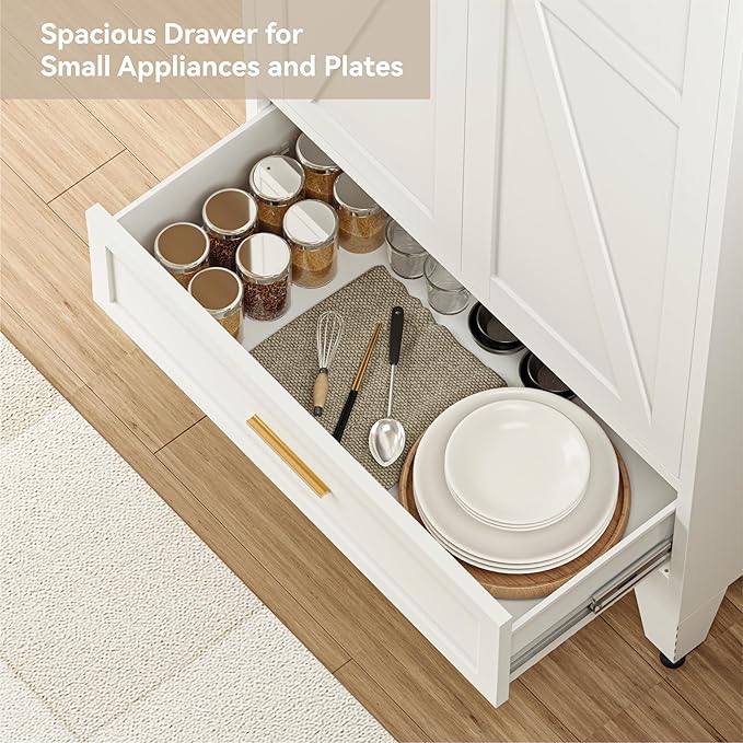 71 "Farmhouse Metal Filing Cabinet with a Drawer and 4 Adjustable Shelves, with 2 Large barn Door White Kitchen Cabinets, Metal Food Cabinets for Home, Kitchen, Dining/Living Room (White)-CasaMuseHome