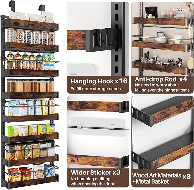 8 Tier Over The Door Pantry Organizer, 2 IN 1 Wall Mount or Metal Hanging Spice Rack for Pantry Organizers and Storage, Seasoning Shelves，Adjustable Basket with Hooks for Kitchen, Bathroom,Laundry-CasaMuseHome