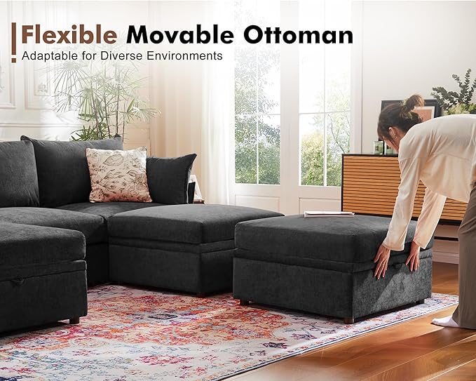 134.6" Oversized Modular Sectional Sofa, 6 Seater U Shaped Couch with Storage Ottoman with Reversible Chaise Deep Seat for Living Room, Apartment - Chenille Black-CasaMuseHome