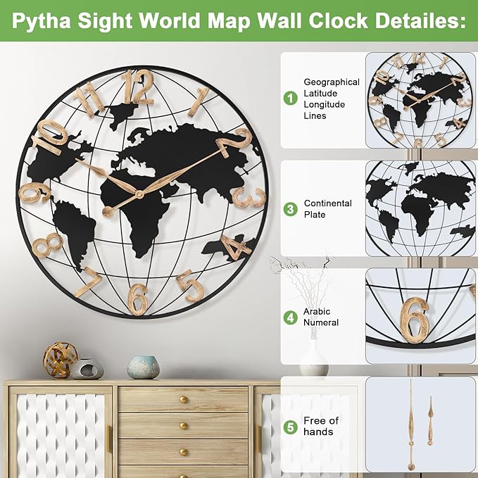 30 Inch Extra Giant Large Wall Clock Oversized,Black Big Metal Modern Decorative Silent World Map Wall Clock with Vintage Gold Arabic Numeral for Office,Living Room,Kitchen,Dining Room Decor-CasaMuseHome