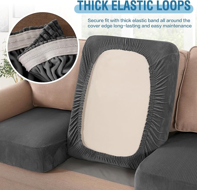 H.VERSAILTEX Velvet Stretch Couch Cushion Cover Plush Cushion Slipcover for Chair Cushion Furniture Protector Seat Cushion Sofa Cover (1 Piece Armchair Cushion Covers, Grey Striped)-CasaMuseHome