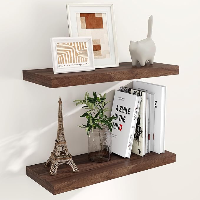 24 x 9 Floating Shelves, 9 Inch Deep Floating Shelf Wall Mounted, 24 Inch Bathroom Shelves Set of 2, Rustic Wood Wall Shelf for Bedroom, Living Room, Walnut Color-CasaMuseHome