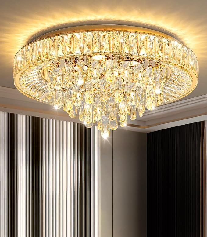 23.6'' Modern Crystal Chandeliers LED Dimmable Flush Mount Ceiling Chandeliers for Living Room Entrance Foyer Bedroom Gold-CasaMuseHome