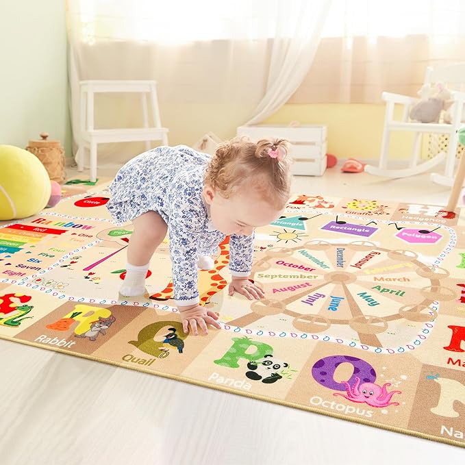 4x6 Playroom Rugs for Kids Washable, Educational and Fun Playmat with ABC Alphabet Animals Shapes Colors, Non-Slip Play Mat Learning Rugs for Baby Toddler Children Game Activity, Beige-CasaMuseHome