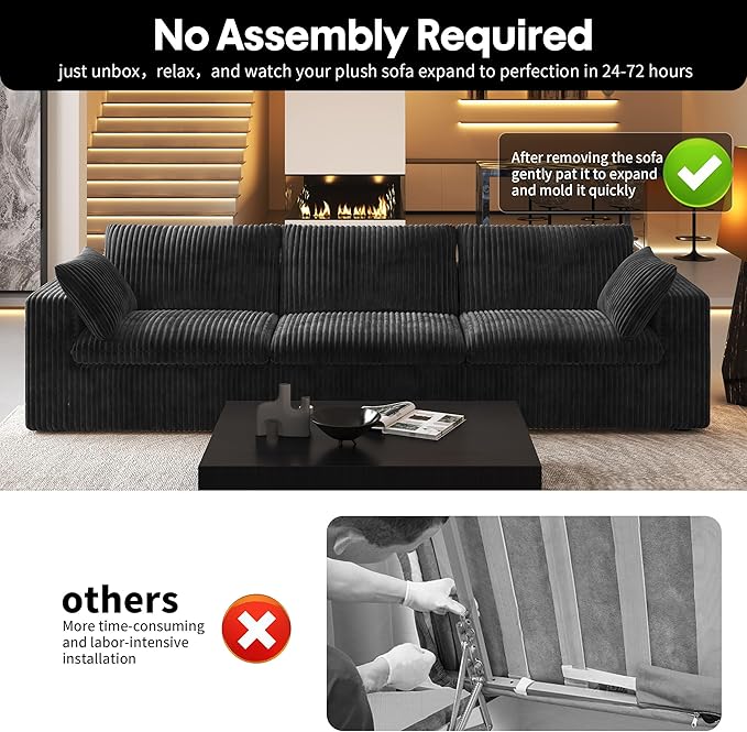 118" 3-Seater Cloud Sofa,Modular Sectional Couch,Modern Deep Seat Upholstered Couches with Plush Corduroy Fabric for Living Room Furniture,Bedroom and Apartment,No Assembly Required,Black-CasaMuseHome