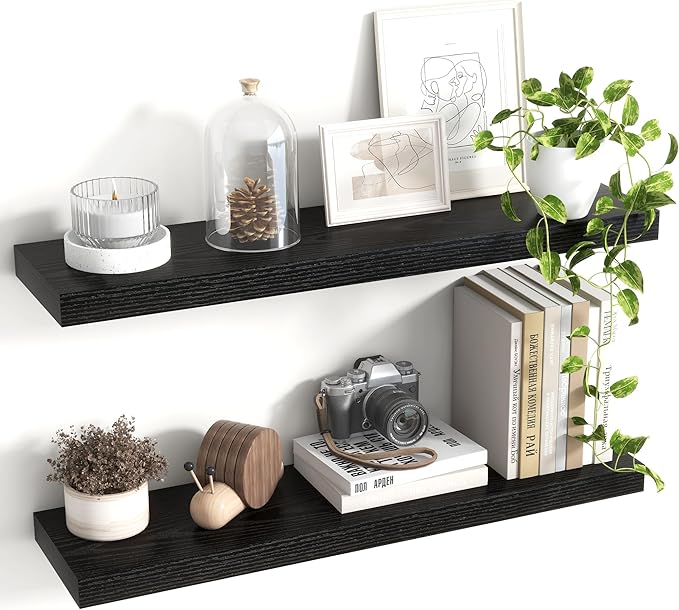 30 Inch Floating Shelves, 8 Inch Deep Floating Shelves for Wall, Hanging Shelf with Invisible Brackets, Deep Shelves for Bathroom, Bedroom, Living Room, Black, Set of 2-CasaMuseHome