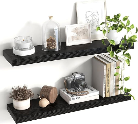 30 Inch Floating Shelves, 8 Inch Deep Floating Shelves for Wall, Hanging Shelf with Invisible Brackets, Deep Shelves for Bathroom, Bedroom, Living Room, Black, Set of 2-CasaMuseHome